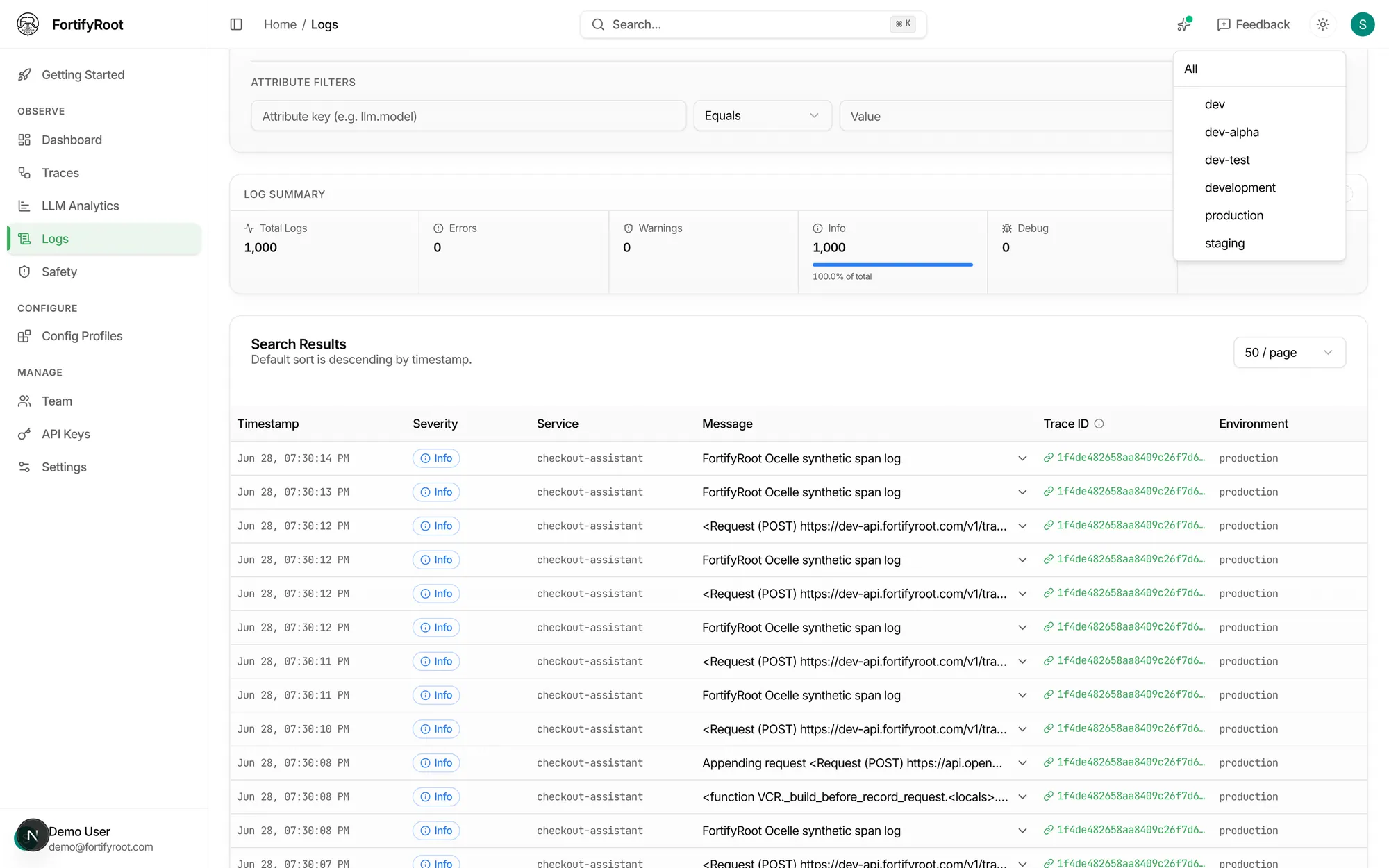 FortifyRoot Auditability: Logs correlated to traces