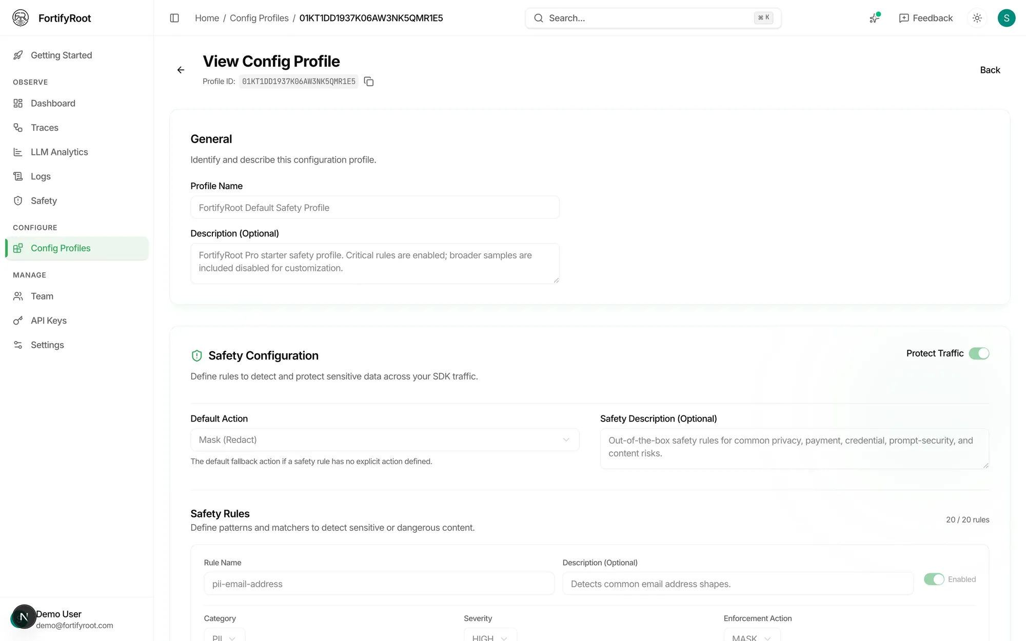 Configurable rule profile: categories and Mask actions, no raw regexes.