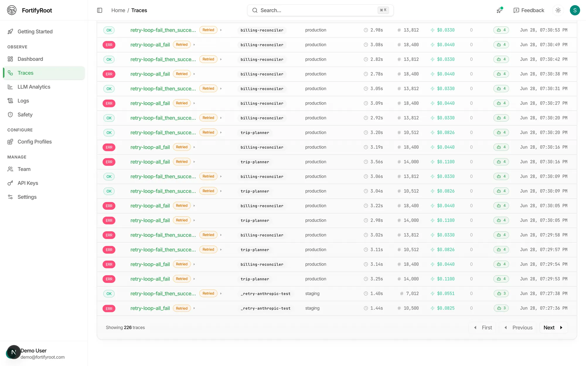 FortifyRoot Auditability: Every call, fully traced